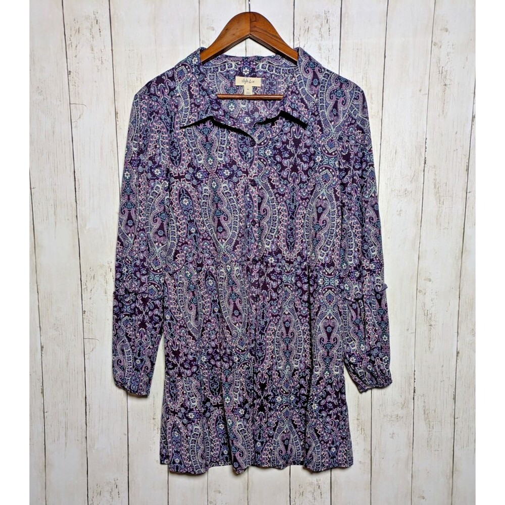 Purple Paisley Button Front Tunic Top XL Boho Cottagecore Fairycore Flowy